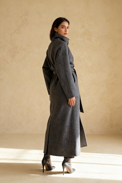 Grey High Collar Long Woolen Coat