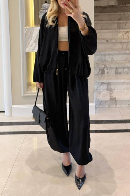 Loose-fitting Zippered Jacket with Lantern Sleeves + High-Waisted Drawstring Wide-Leg Pants Set
