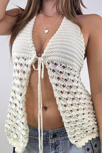 Knit Crochet Tie Neck Cami Halter Top