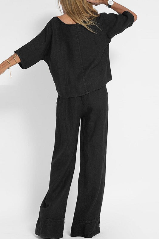 Plus Size Casual Solid Color Linen Pants Set