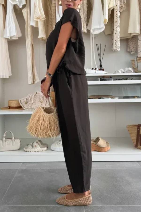 Leva Linen Blend Drawstring Short Sleeve Top and Elastic Waist Pocket Loose Tapered Pants