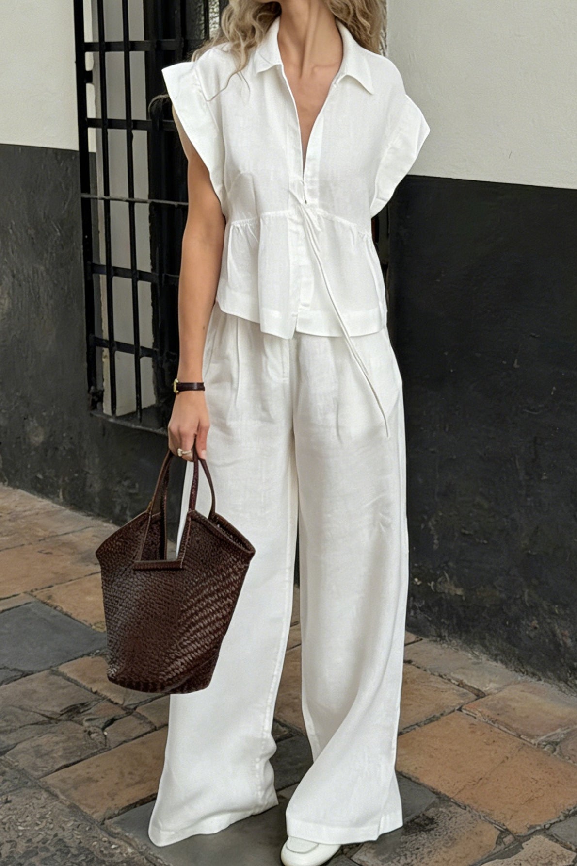 Relaxed Sleeveless Shirt Wide Leg Pants Set