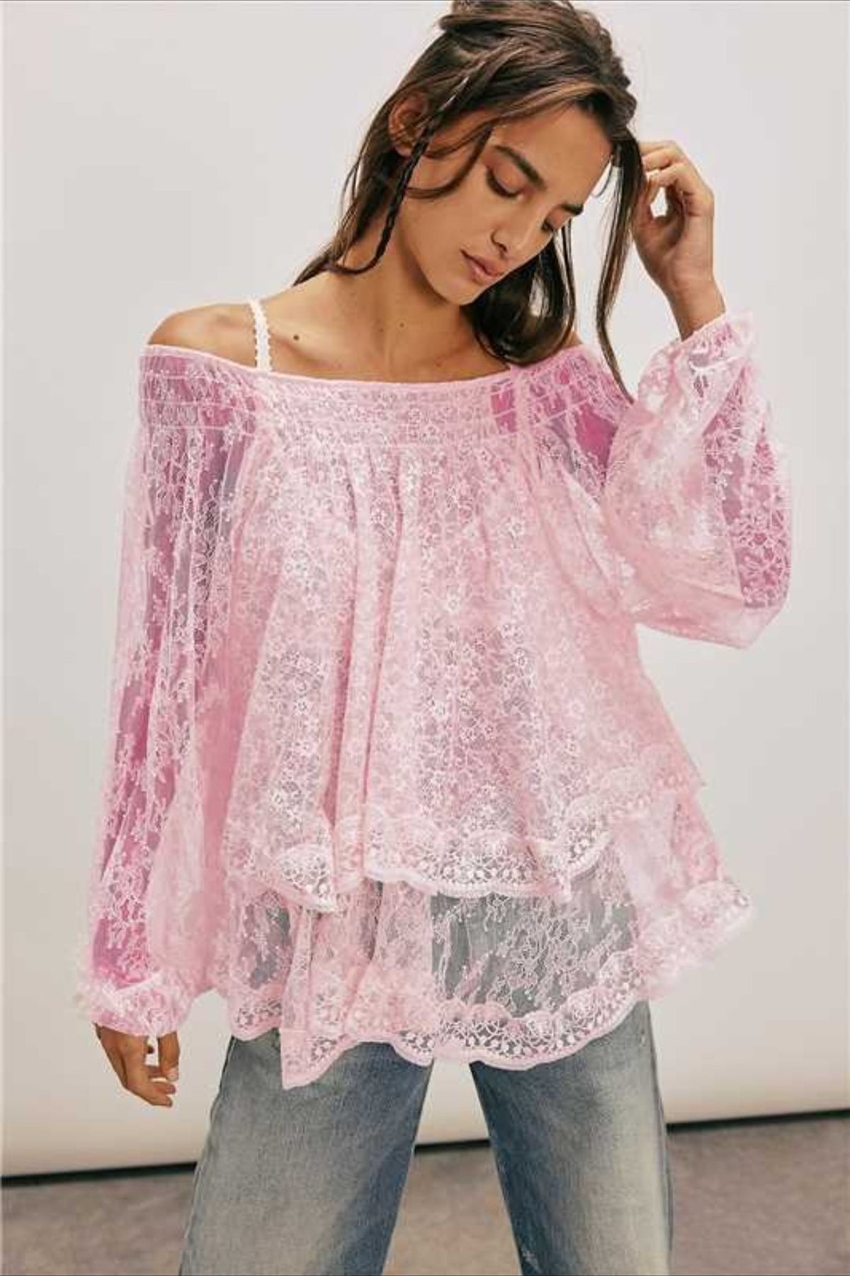 Elegant Off Shoulder Lace Overlay Blouse