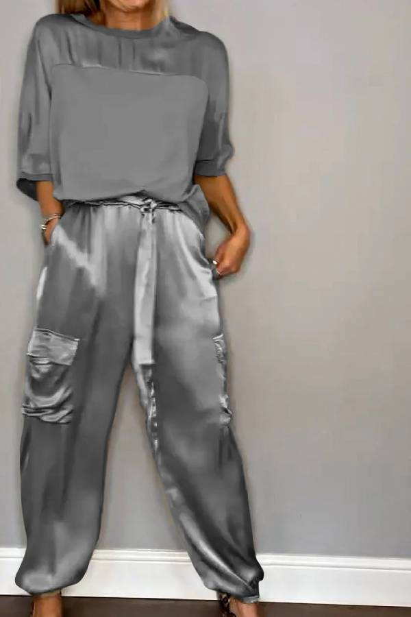 Satin Gloss Drawstring Waist-Defining Wide-Leg Workwear Set