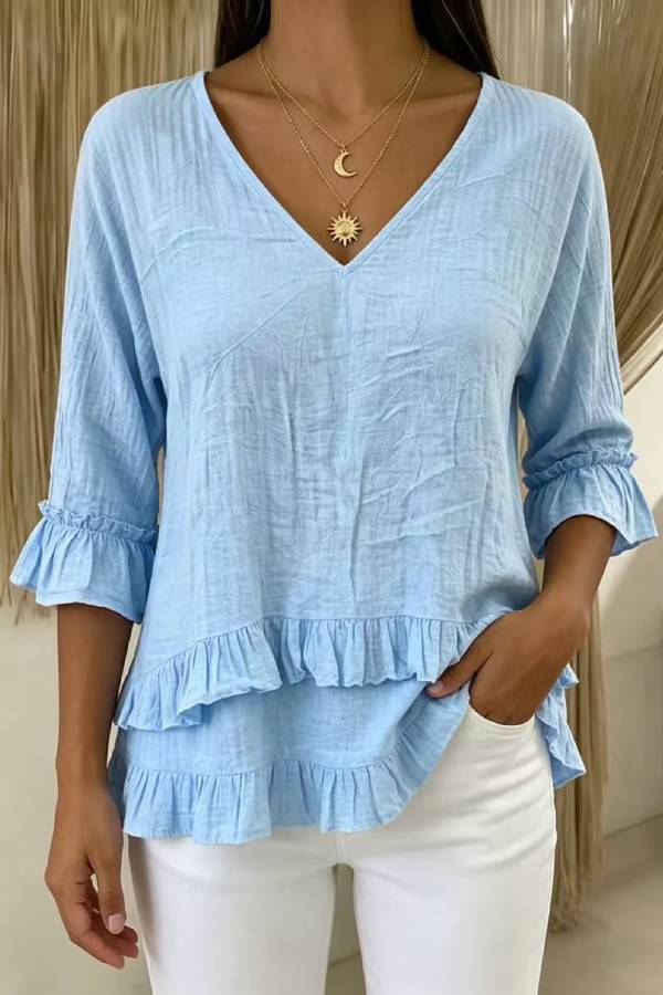 V-Neck Ruffle Hem Elbow Sleeve Blouse