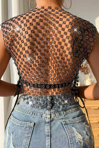 Rhinestone Fishnet Tie Side Sleeveless Cover Up Top