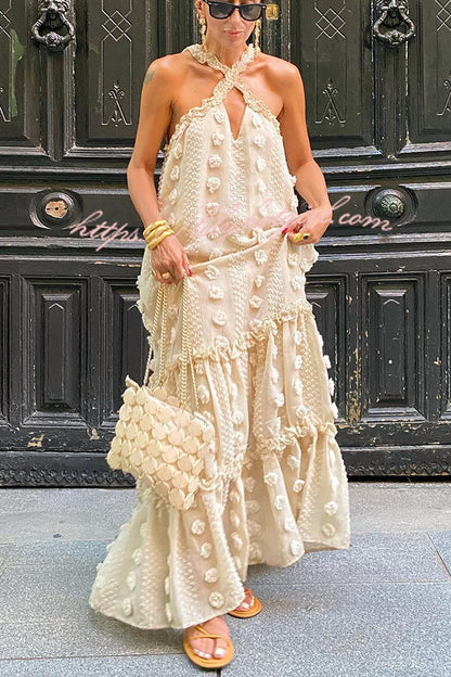 3D Floral Applique Halter Keyhole Tiered Maxi Dress