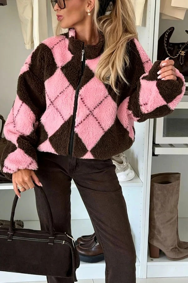 Rhomboid Geometric Pattern Teddy Bear Fleece Material Contrast Color Long Sleeve Pocket Zipper Coat