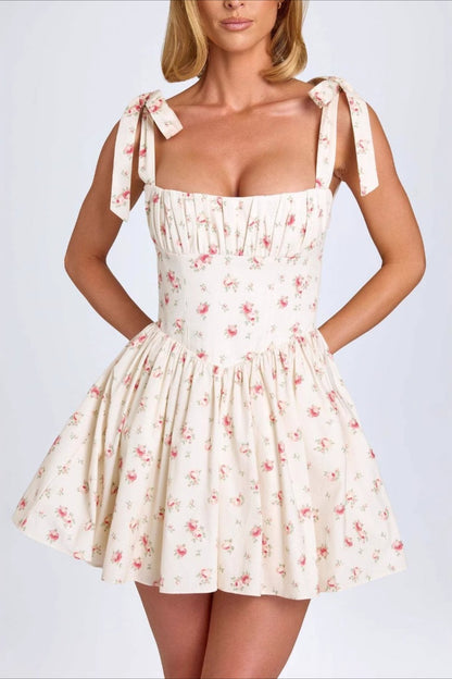 Square Neck Bow Tie Strap Corset Basque Waist Flared Mini Dress