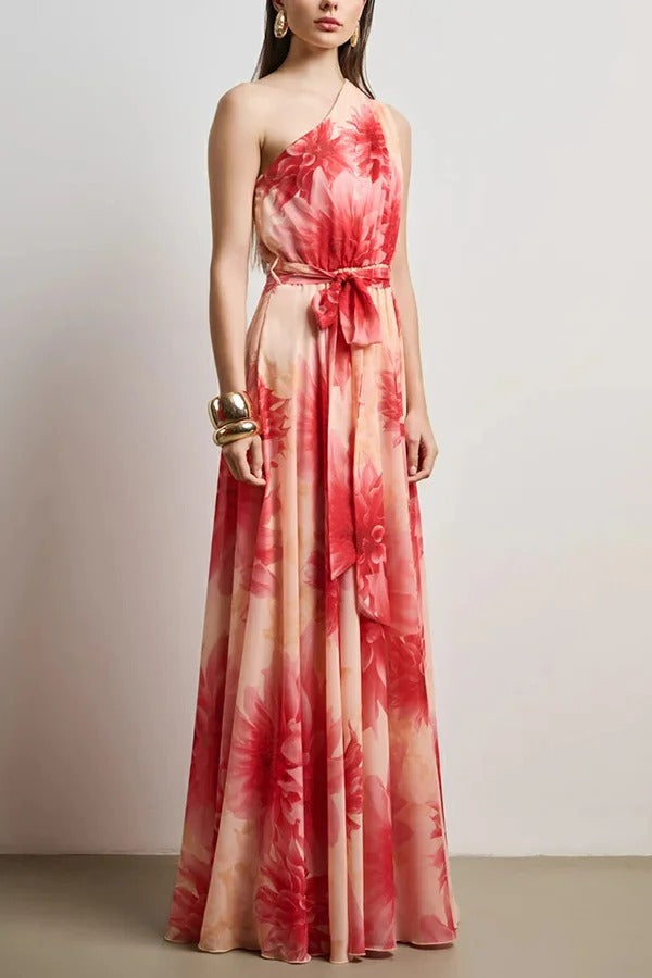 Floral Print One Shoulder Waist Tie Full Hem Resort Style Maxi Dress