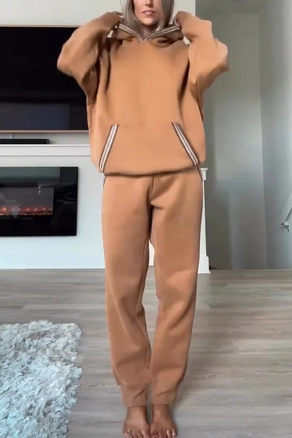Tasman Braid Trim Kangaroo Pocket Hooded Sweatshirt and Elastic Waist Jogger Pants Set