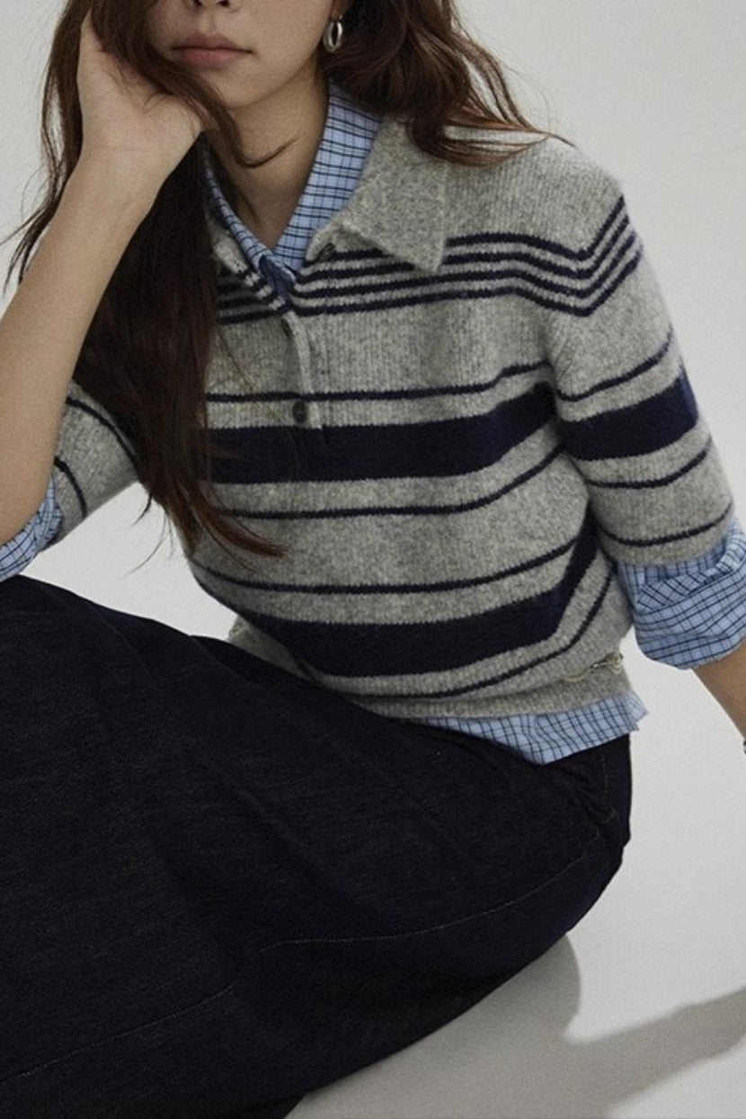 Stripe Polo Collar Knit Top