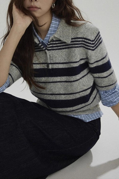 Stripe Polo Collar Knit Top