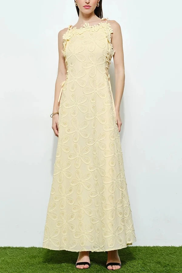 Garden Party Lace Embroidered Cutout Fabric Flower Trim Side Lace-up Maxi Dress