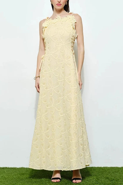 Garden Party Lace Embroidered Cutout Fabric Flower Trim Side Lace-up Maxi Dress