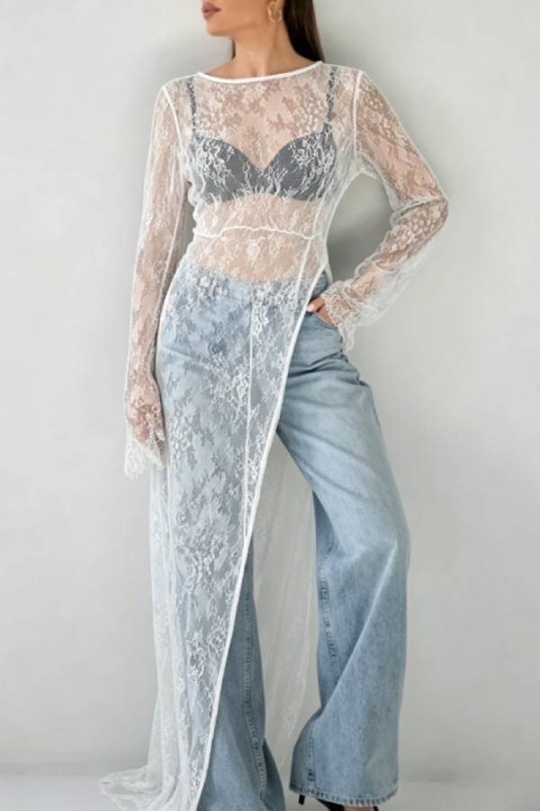Sheer Lace Round Neck Slit Maxi Dress