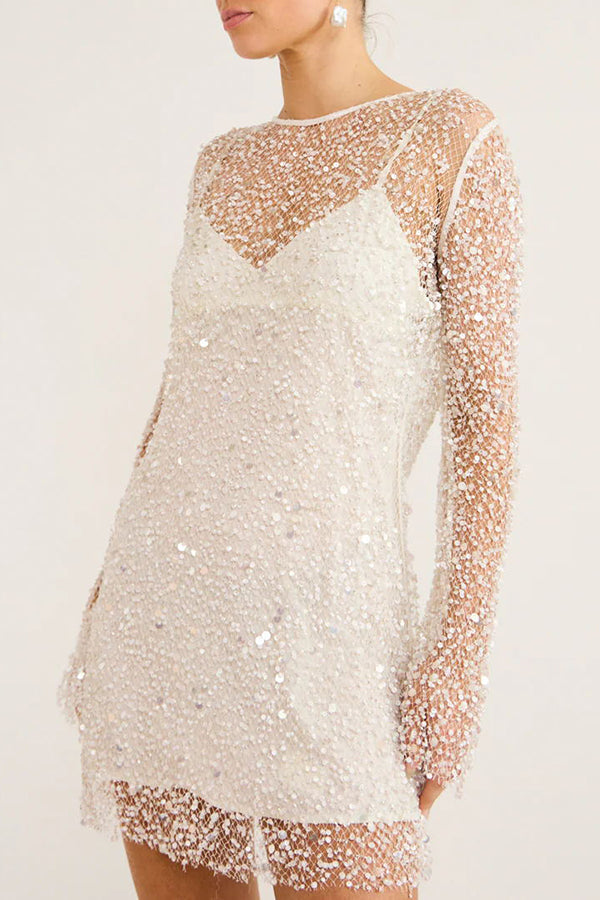 Sequin Mesh Overlay Slip Strap Bell Sleeve Mini Dress