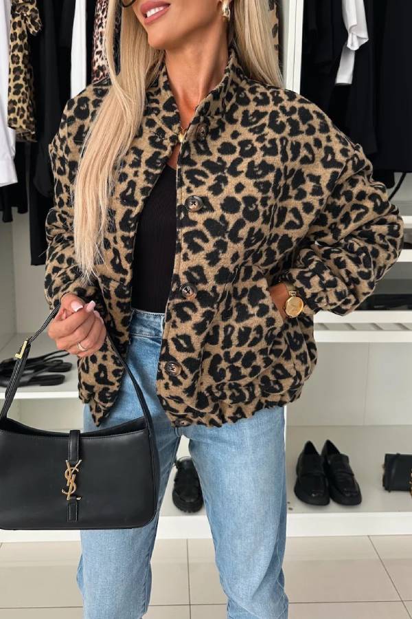 Leopard print plush stand-up collar jacket
