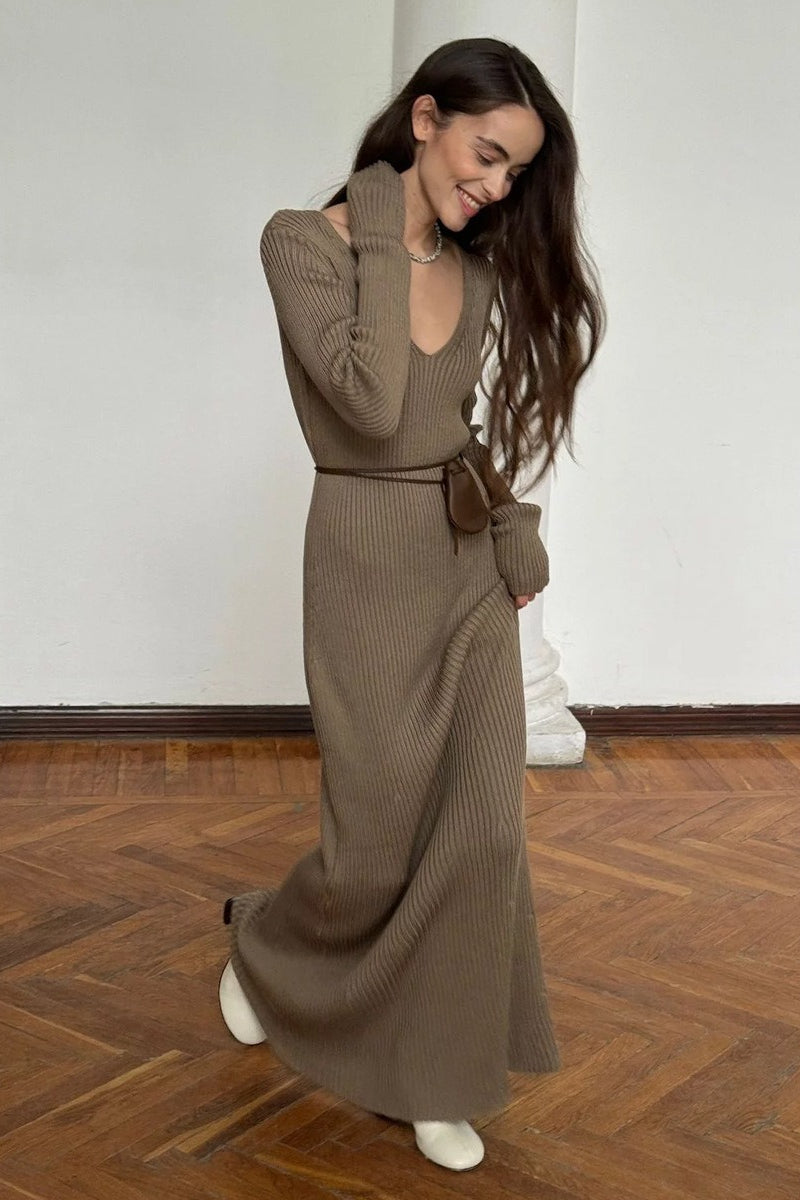 Solid Color Long-Sleeve Fitted Bodycon Knit Dress