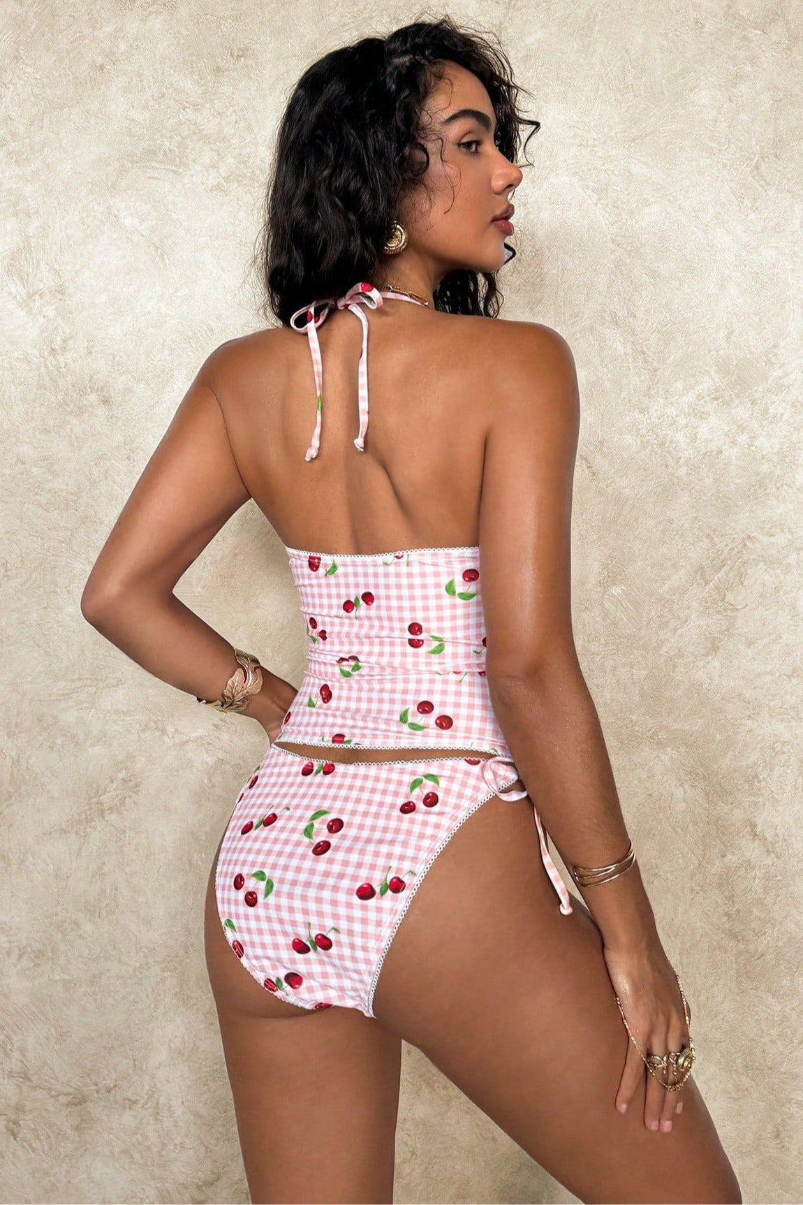 Halter Floral Print Ruffle Trim Two Piece Swim Set