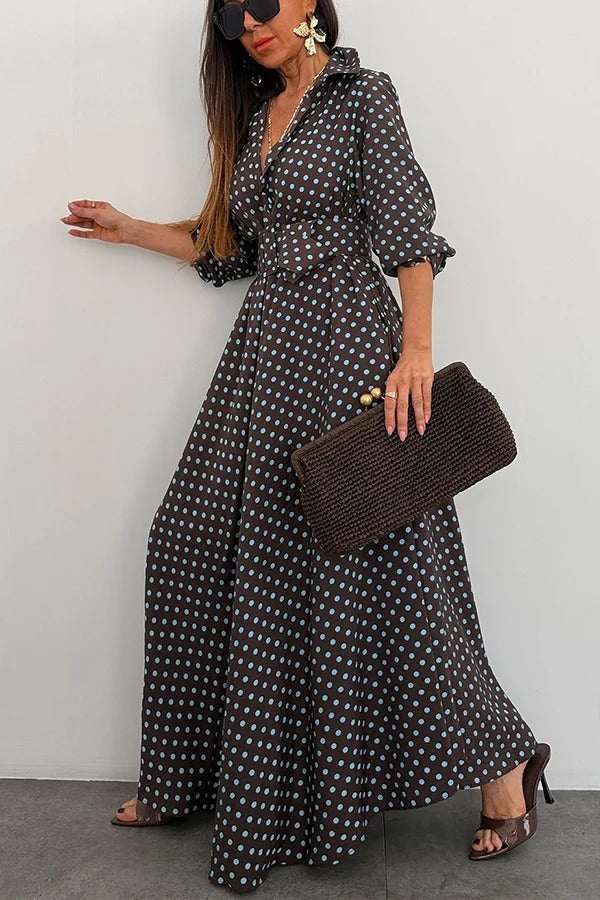 Ruby Color Blocked Polka Dot Print Belted Long Sleeve Pocket Shirt Maxi Dress