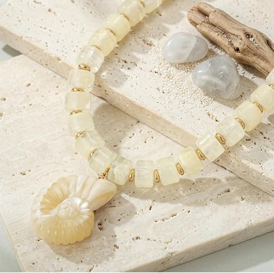 Cream Square Bead Conch Pendant Necklace