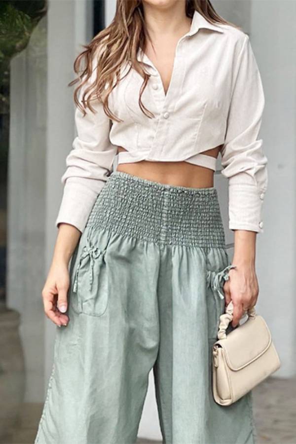 High Waist Smocked Ruffle Tencel Wide Leg Cropped Casual Pants