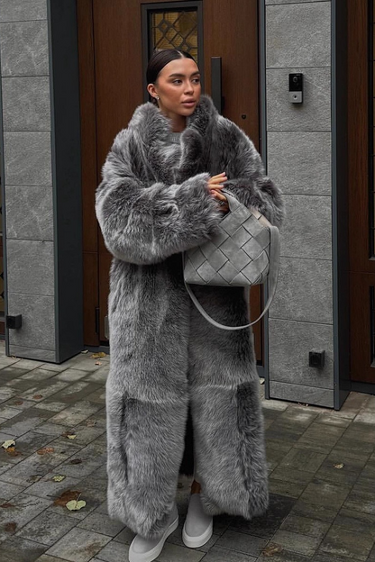 Long Eco Faux Fox Fur Plush Bicolor Overcoat