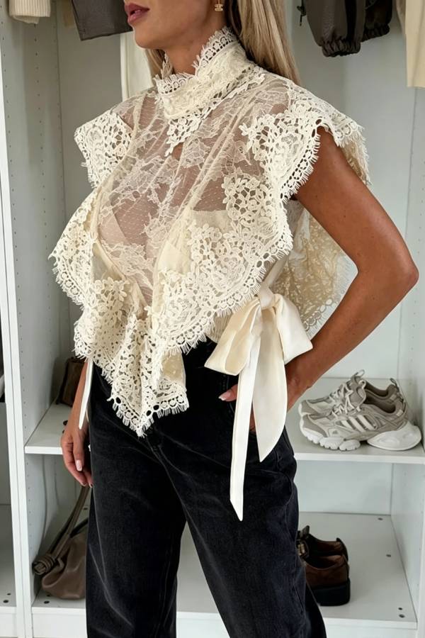 Court Style Stretch Lace High Neck Ruffle Sleeve Side Satin Tie-up Top