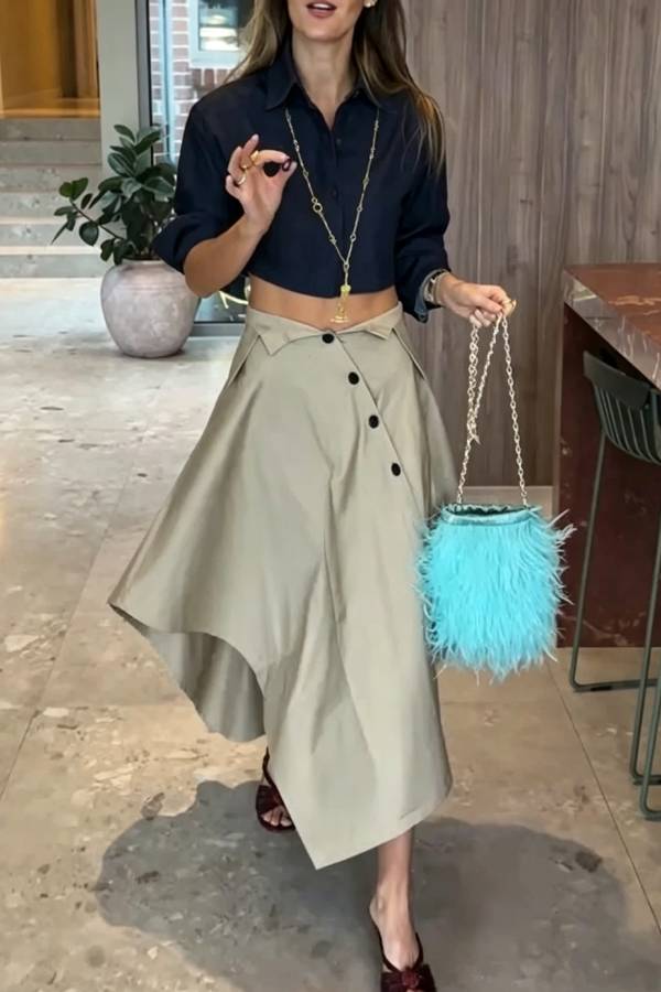 Deconstructivist Tailoring High Rise Asymmetrical Button and Unique Collar Waist A-line Midi Skirt