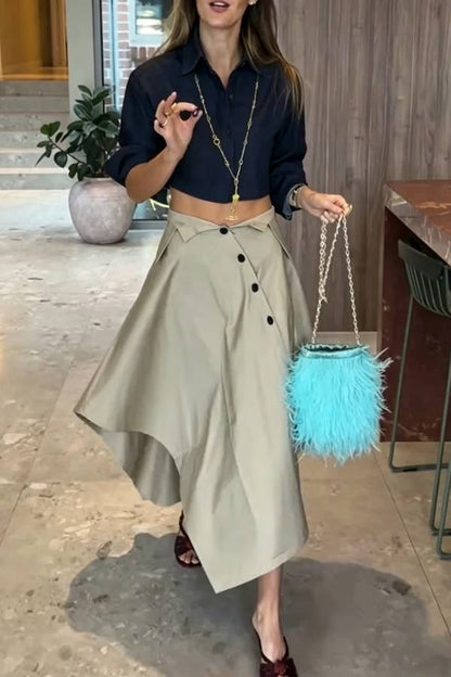 Deconstructivist Tailoring High Rise Asymmetrical Button and Unique Collar Waist A-line Midi Skirt