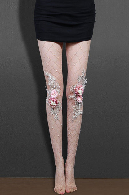 Embroidered Flower Pearl Nude Fishnet Tights