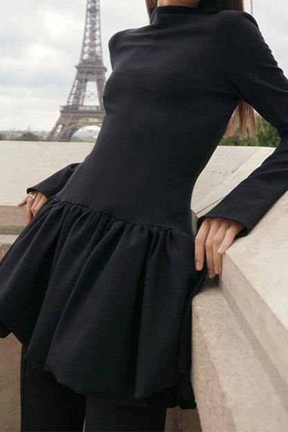 Long Sleeve High Neck Bubble Hem Fit and Flare Mini Dress