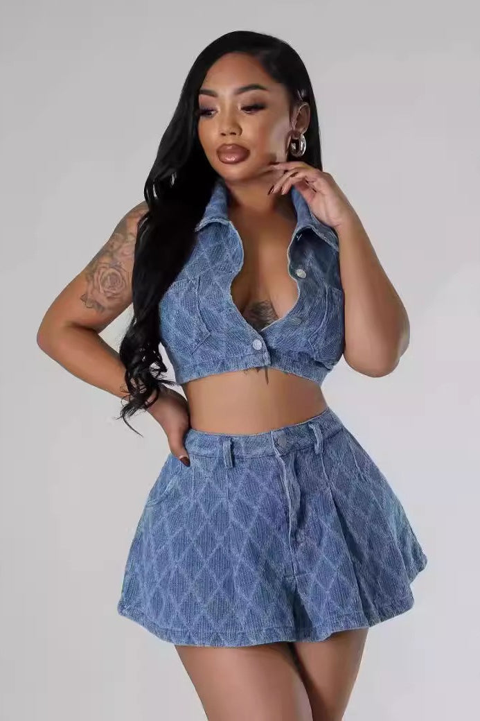 Washed Plaid Denim Crop Top Skirt Set