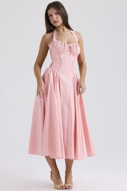 Floral Halter Lace Trim Long Sleeveless Prom Dress