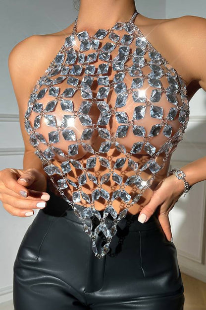 Rhinestone Mesh Halter Backless Crop Top