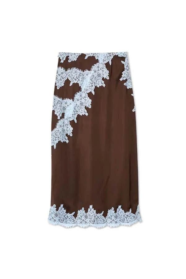 Sunday Social Contrast Color Satin Lace Trim Mid Rise Maxi Skirt