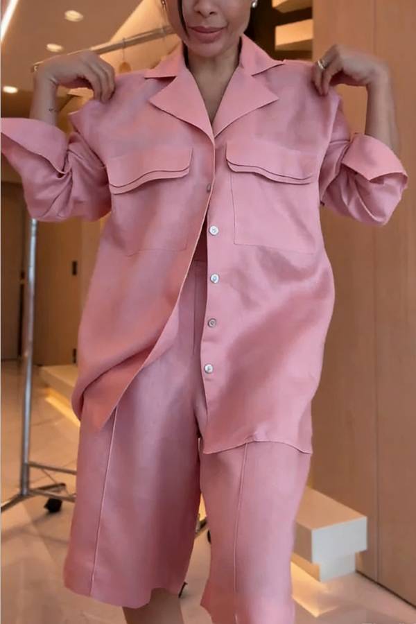 Solyn Linen Blend Double-layer Flap Long Sleeve Shirt and Elastic Waist Pocket Bahamian Shorts Set