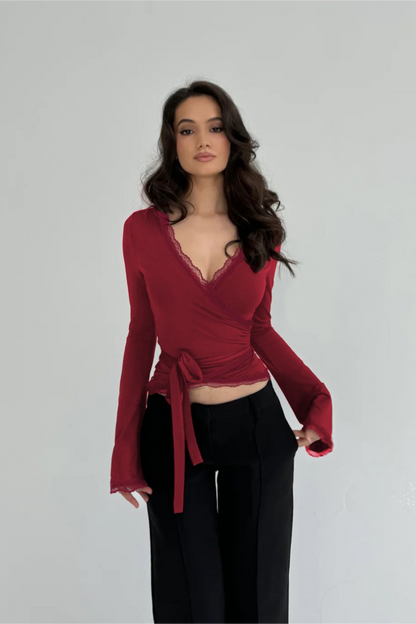 Y2K Lace Trim Tie Waist Slim Long Sleeve Crop Top