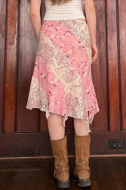 Floral Ruffle Asymmetric Sheer Mesh Vacation Maxi Skirt