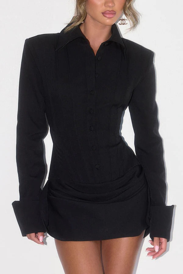 Sculptural Piping Details Shoulder Pads Long Sleeve Ruched Drape Mini Dress