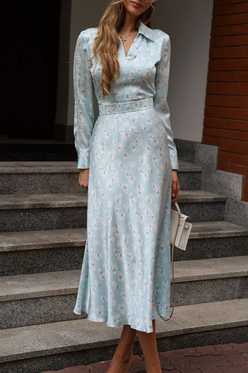 Satin Floral Collar Long Sleeve Floral Dress