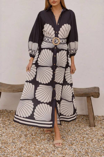 Shirt Collar Puff Sleeve Shell Print Belted Waist Maxi Dress