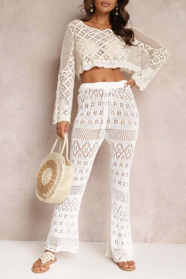 Multi-Color Hollow Crochet Drawstring Waist Wide Leg Beach Pants