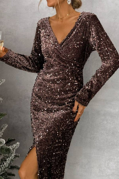 CHOCOLATE SEQUIN MIDI DRESS