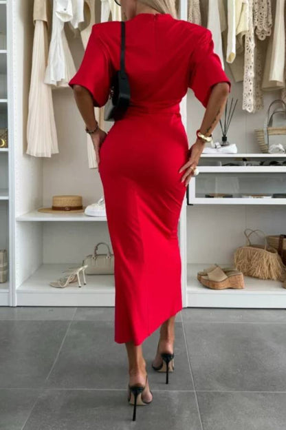Crew Neck Batwing Sleeve Ruched Side Slit Bodycon Dress