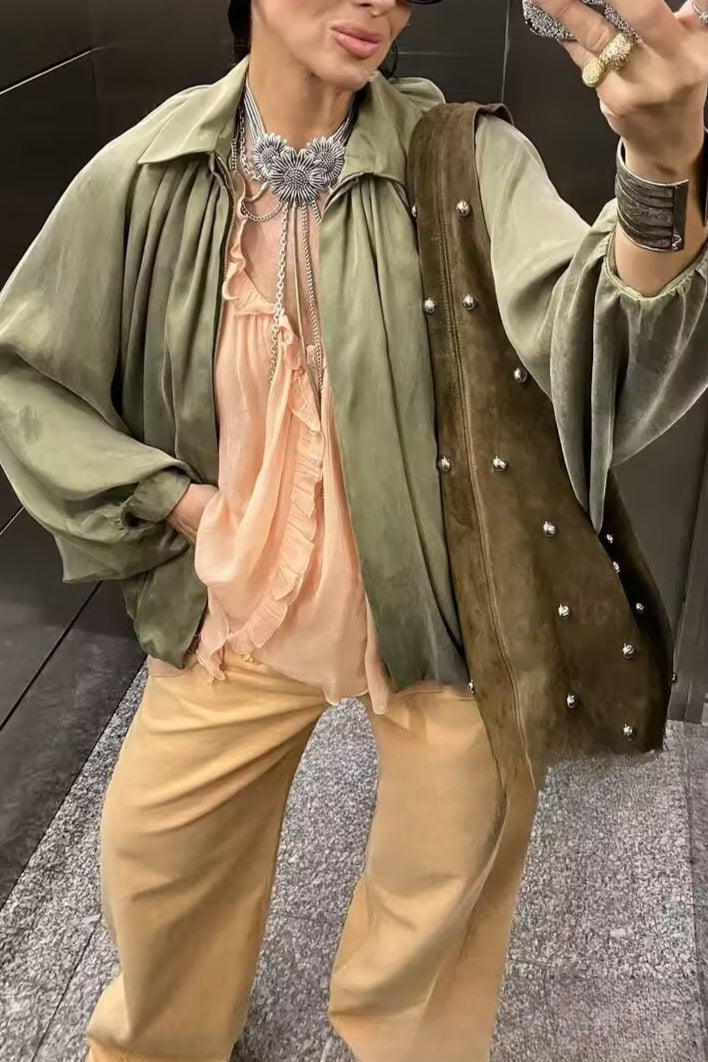 Oversized Puff Sleeve Bomber Jacket
