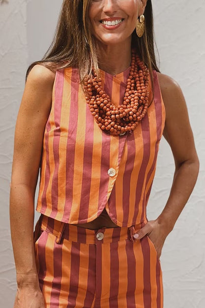 City Outfit Colorful Stripes Button Up Vest and Elastic Waist Pocket Loose Pants Set