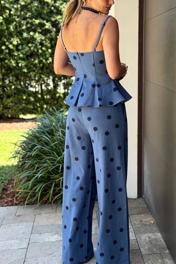 Jolene linen blend Polka Dot Print Flare Hem Slip Top and Pocket Wide Leg Pants Set
