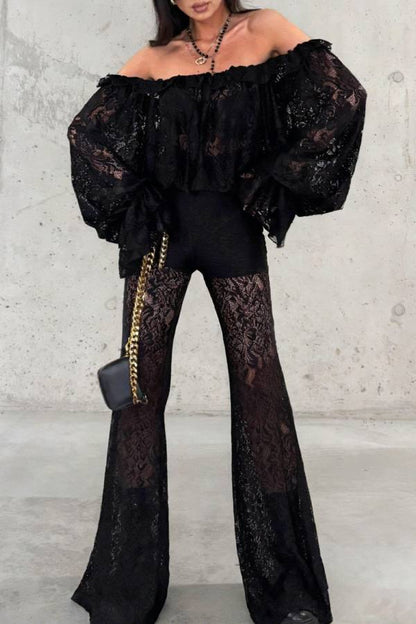 Black lace flared pants